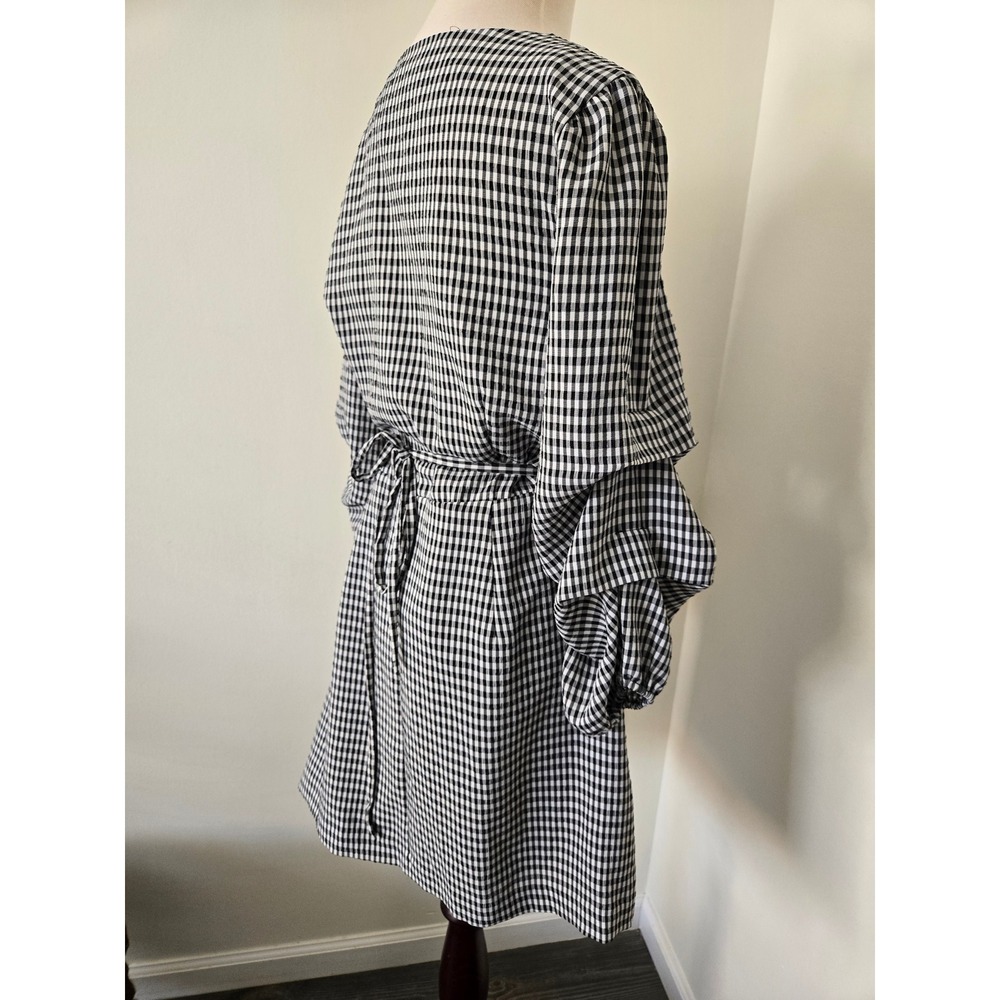 Highline Collective Womens XL Gingham Wrap Mini Dress Ruffle Sleeve Black Alt - Picture 3 of 8